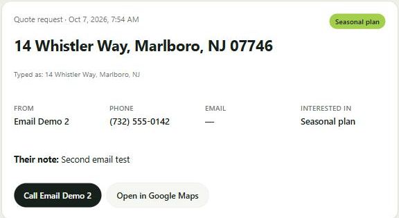 The top of a property packet: 14 Whistler Way, Marlboro, NJ 07746, the customer's name and phone, the service they want, and buttons to call them or open the address in Google Maps